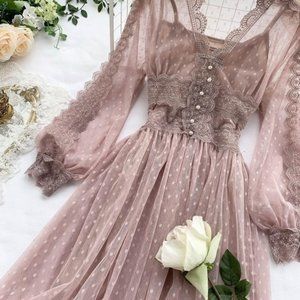 Puff Sleeve Floral Skirt Mesh Fairy Princess Midi